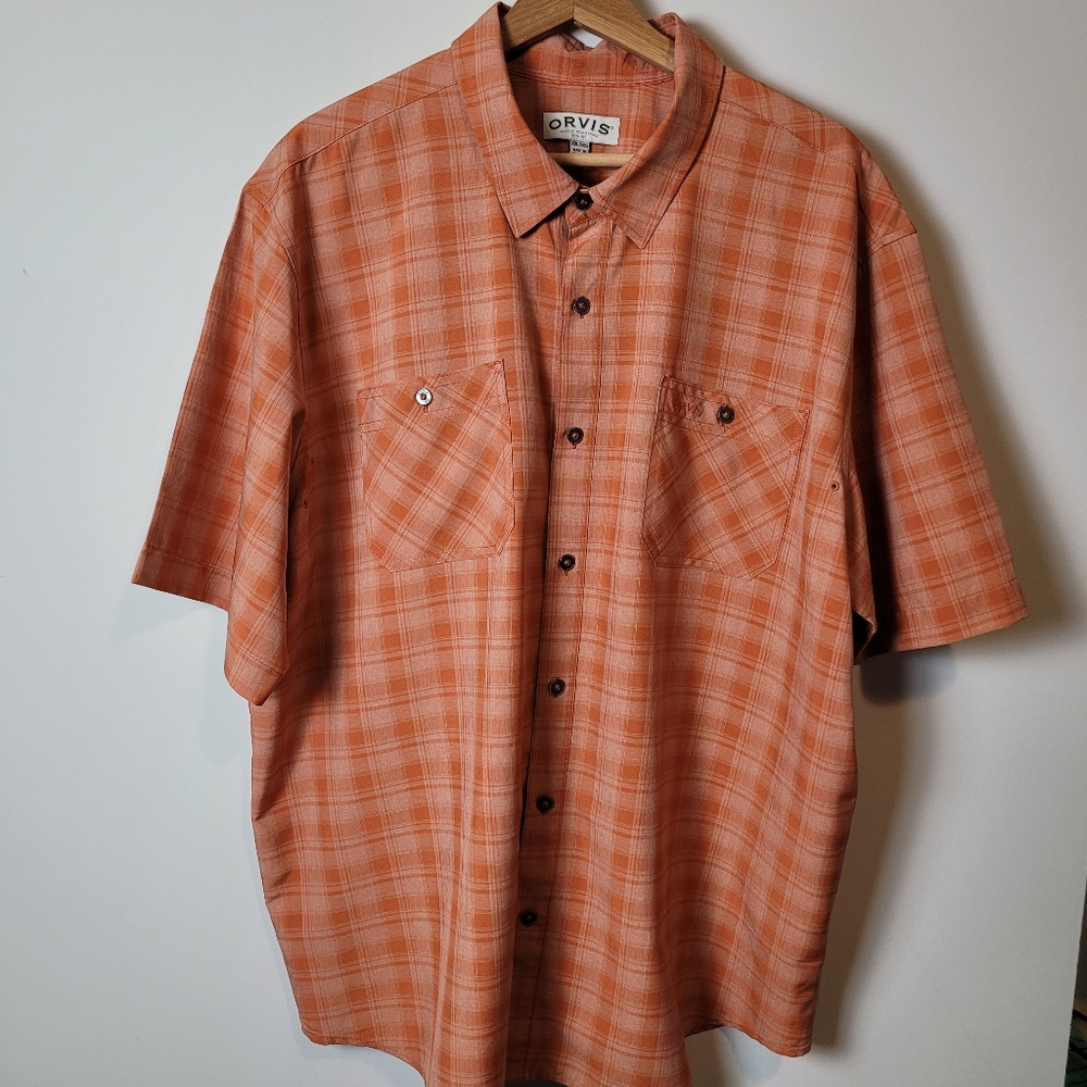 Orvis Men's Classic Collection Orange Plaid Short Sleeve Button Shirt Mens XXL